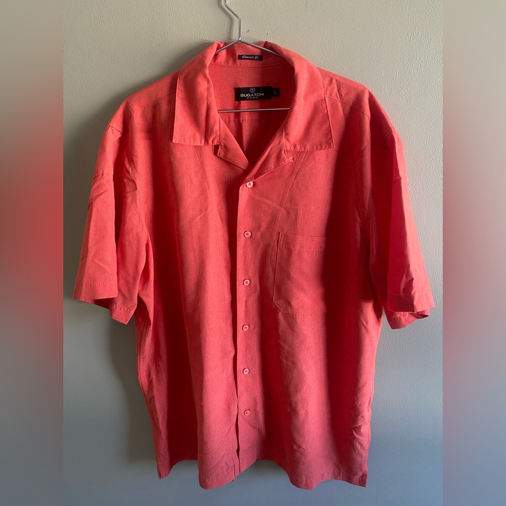 BUGATCHI UOMO Men‎ L Shirt Salmon Pink Short Sleeve Collared Classic Fit